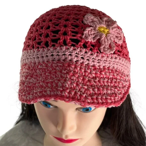 Crochet Baseball Cap Ponytail Hat Breathable Pattern Pink Adult Size Handmade - Picture 2 of 8